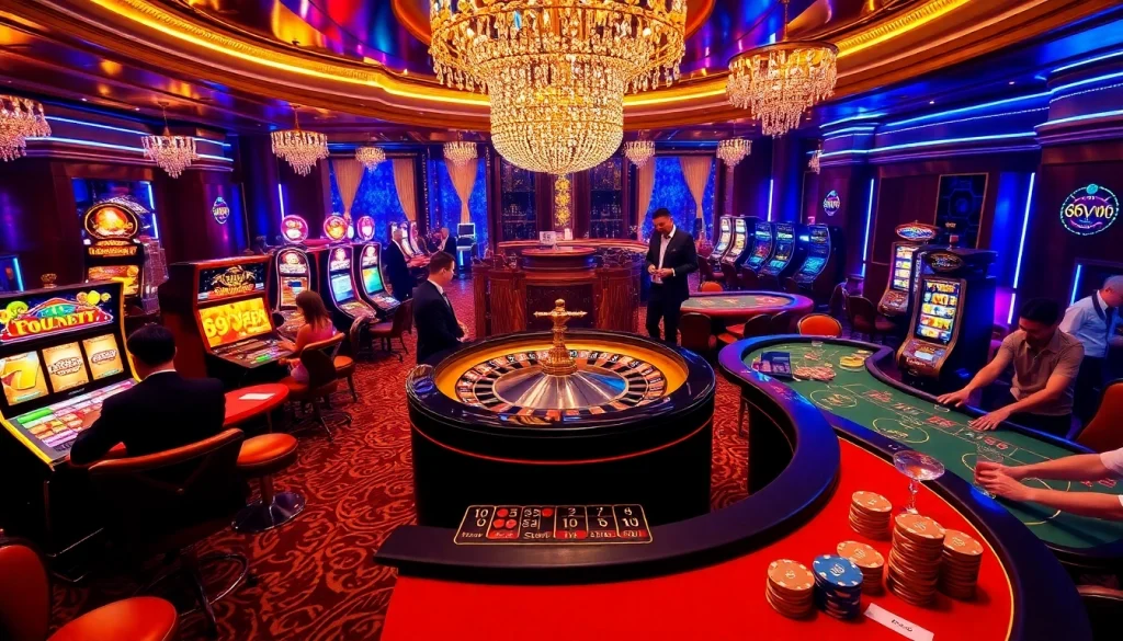 Players enjoy high-stakes betting at a glamorous 69vn casino featuring roulette and slot machines.