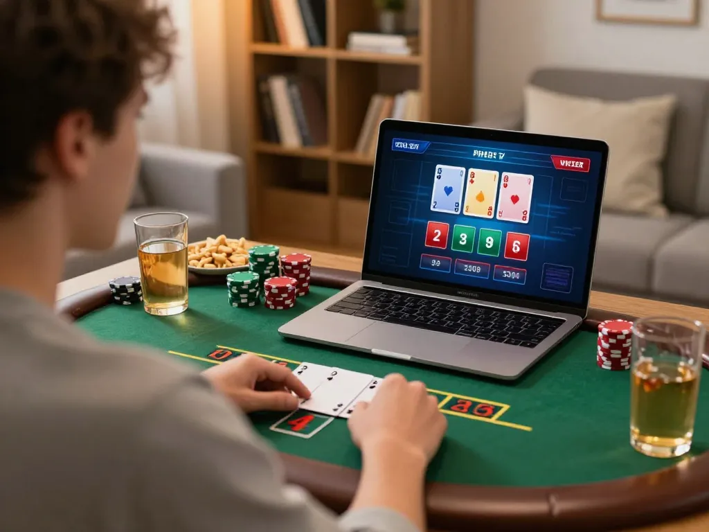Player enjoying blackjack game at TG88 online casino on laptop in cozy home setting.