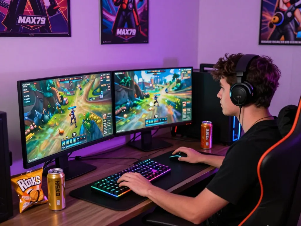 Exciting MAX79 gaming experience with user at a colorful gaming setup.