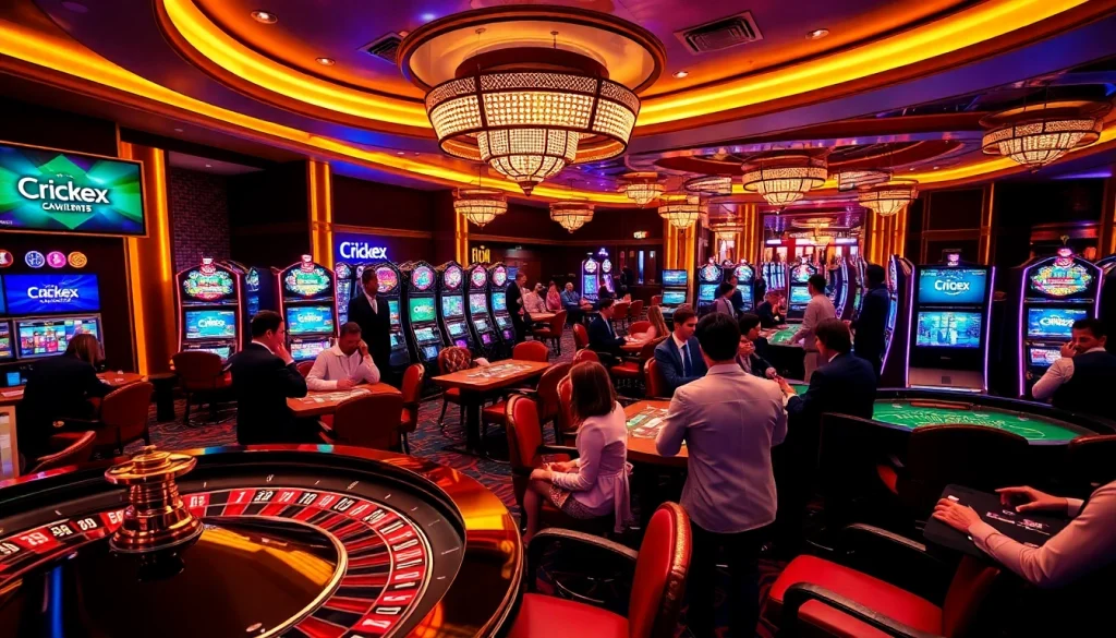 Crickex betting experience with luxurious casino tables and exciting gaming activities.
