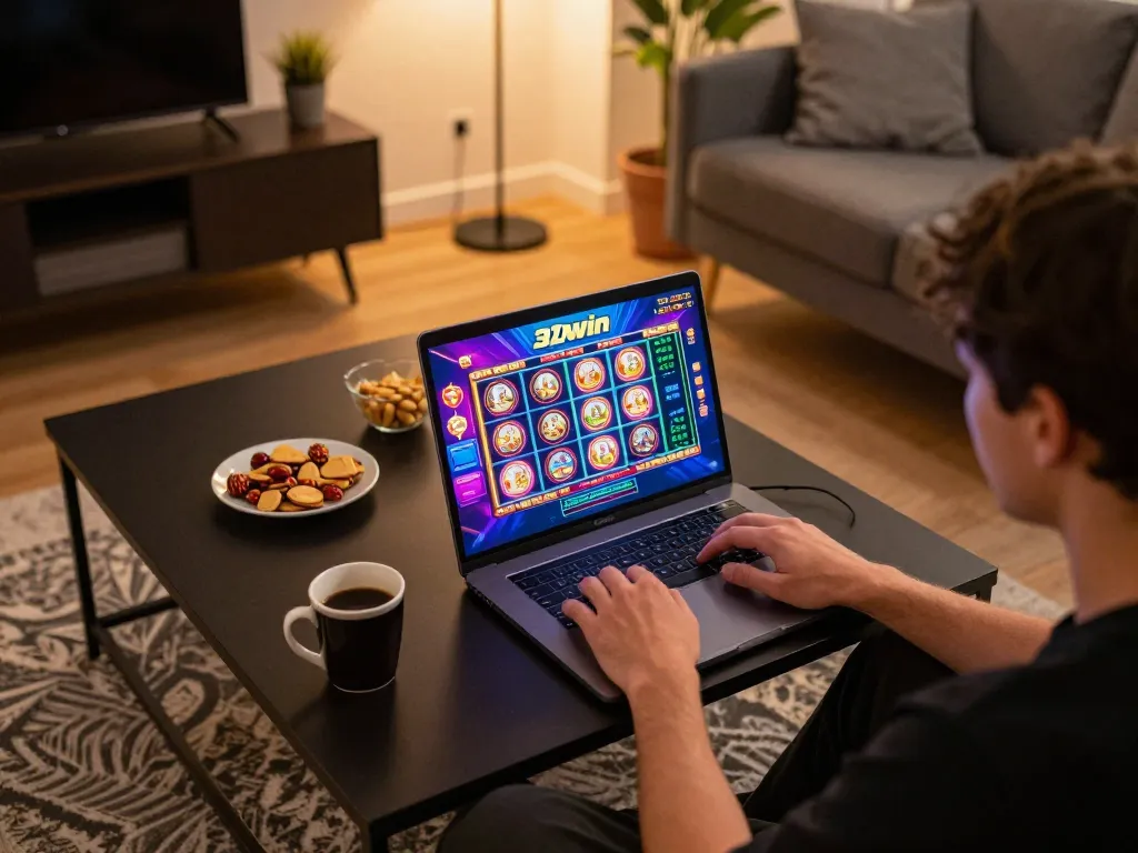 Engaged player enjoying 32win online slots on a cozy home gaming setup.