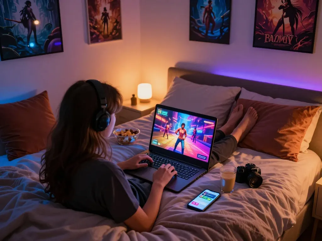 Engaged player immersed in a sex simulator game on a laptop in a cozy bedroom.