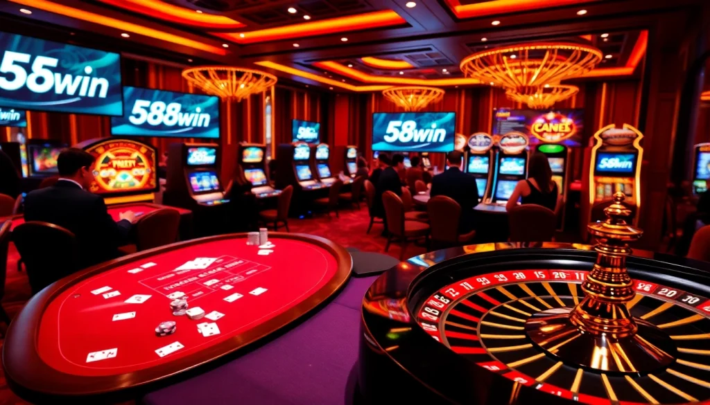 Experience the excitement of 58win with vibrant casino tables and spinning roulette wheels.