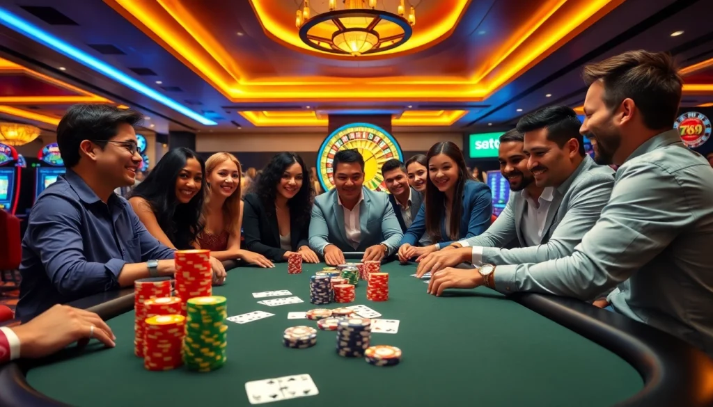 Engaged players at 789club enjoy a vibrant casino atmosphere with poker chips and cards.
