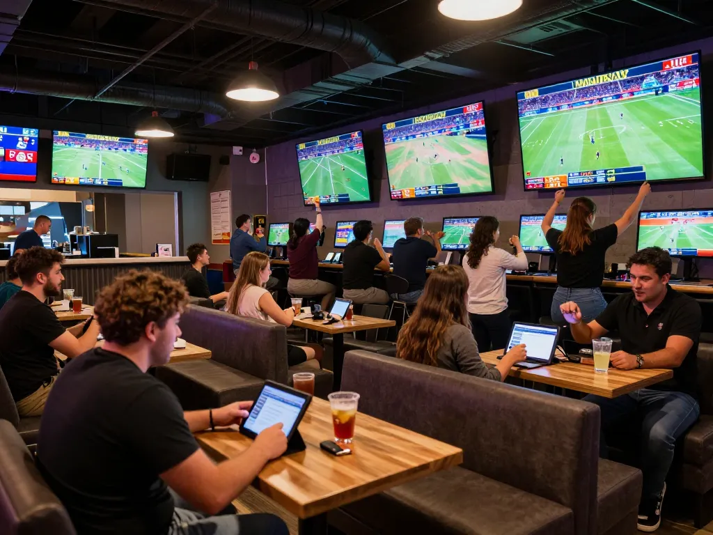 Excited bettors engaging in live sports betting at https://www.mnm88.com/ under vibrant ambient lighting