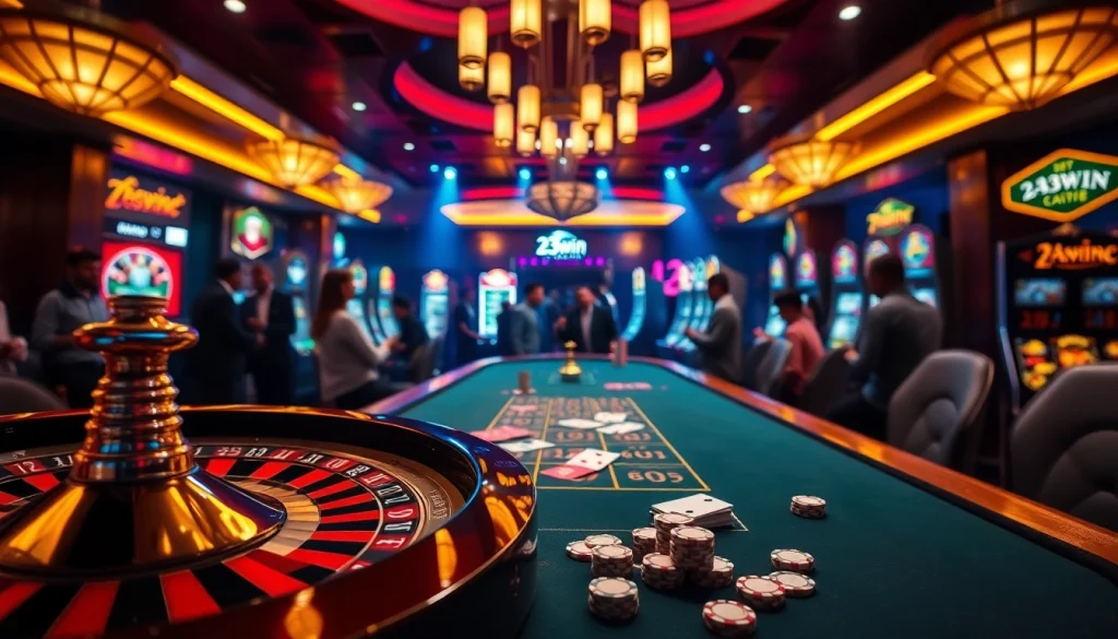 Experience the excitement of 23win with vibrant casino games and players celebrating wins.