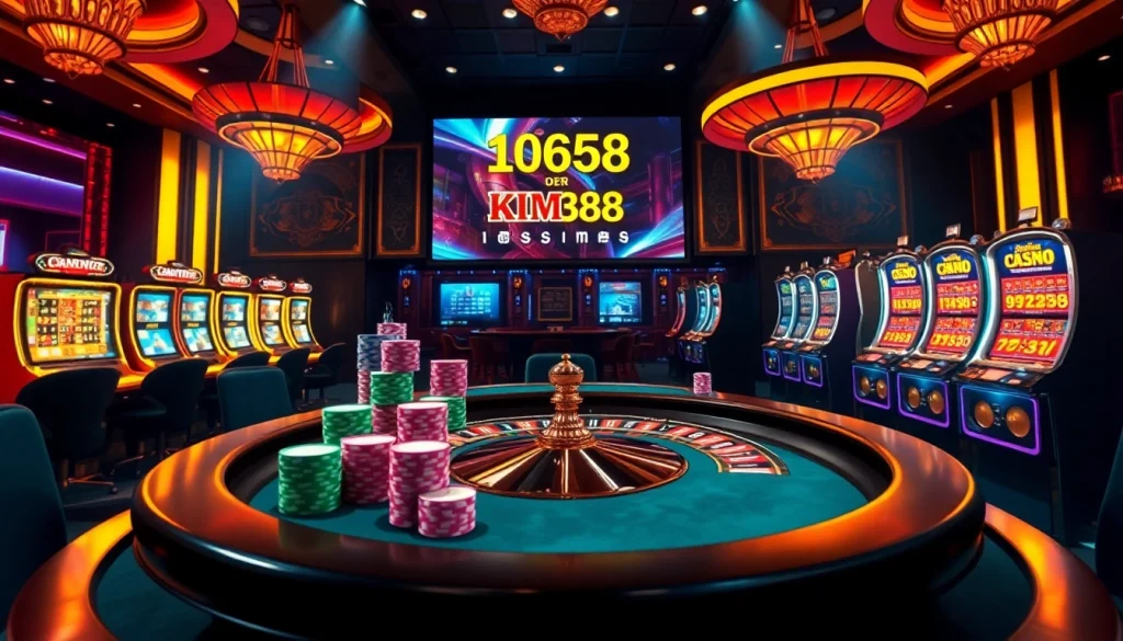 Experience the excitement of nhà cái kim88 with vibrant casino visuals showcasing poker tables and roulette wheels.