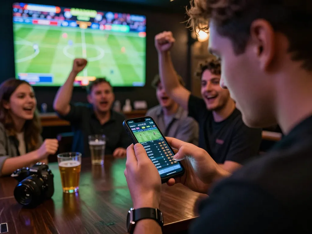 Sports betting excitement captured as tg88 players check live odds on their smartphones.
