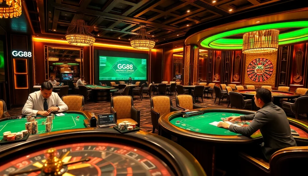 Players engage in high-stakes poker at GG88's luxurious online casino, showcasing excitement and professionalism.