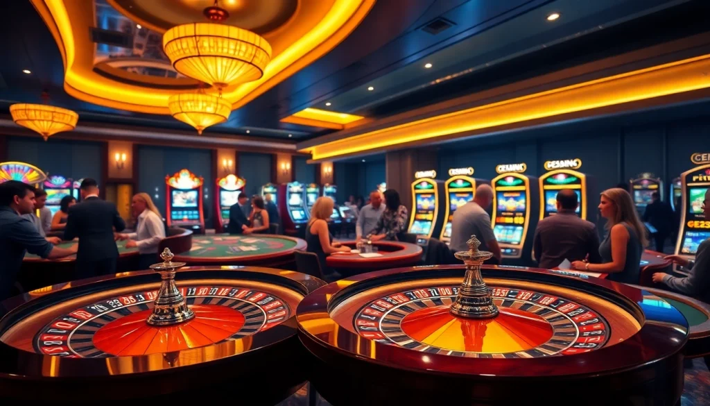 Engaging scene of f168 casino gamers at a roulette table with vibrant slot machines.