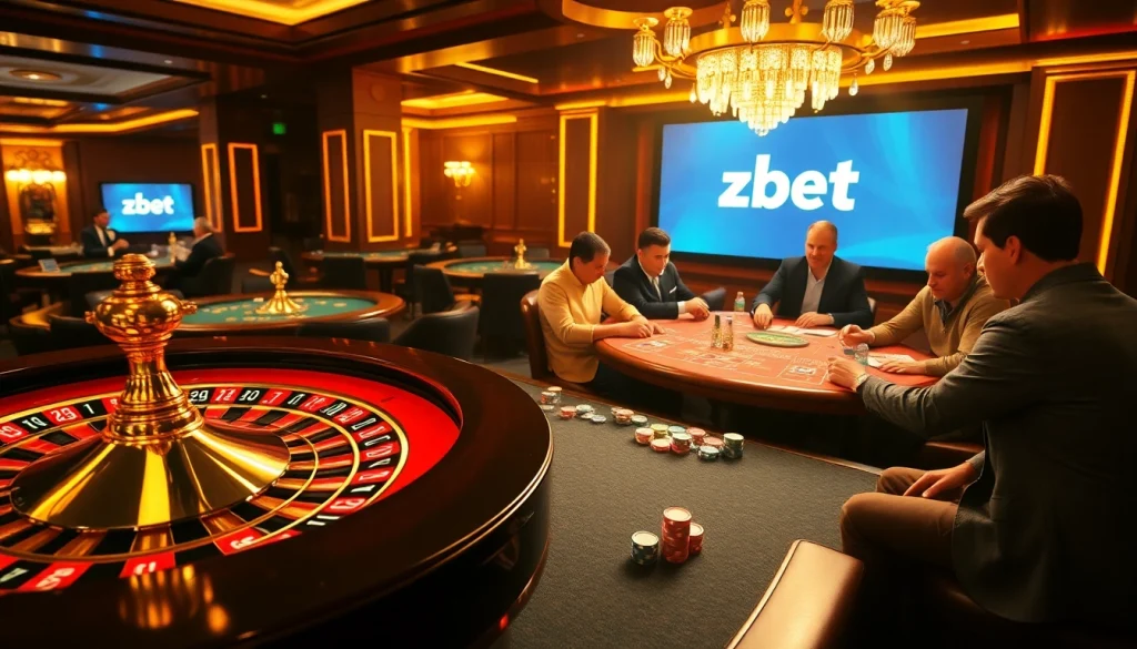 Casino action at Zbet featuring roulette and poker players engaged in thrilling games.