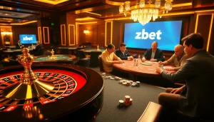 Casino action at Zbet featuring roulette and poker players engaged in thrilling games.