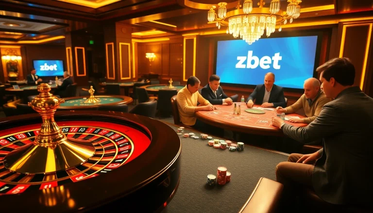 Casino action at Zbet featuring roulette and poker players engaged in thrilling games.