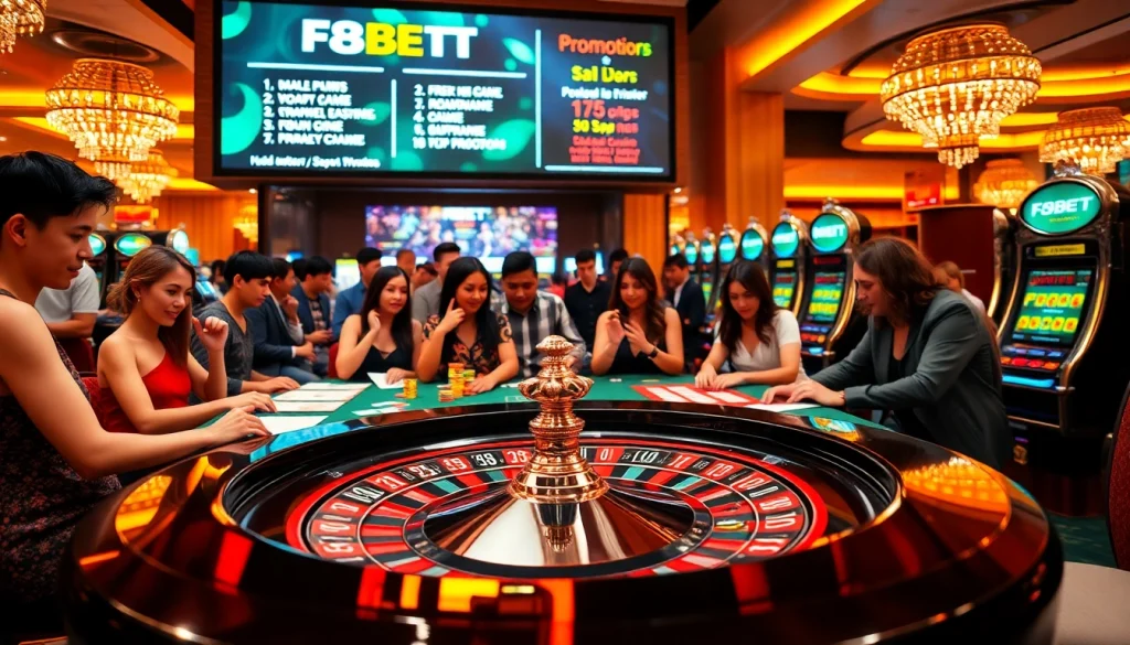Experience thrilling gameplay at F8BET casino with poker chips and roulette tables.