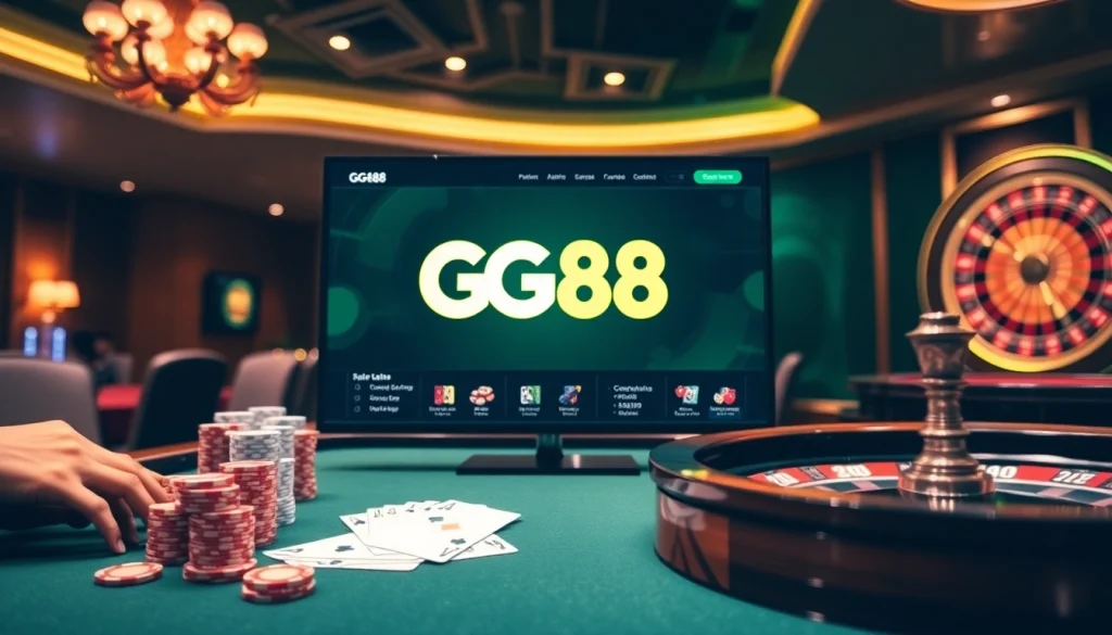 GG88 gaming action with poker chips, cards, roulette, and a lavish casino atmosphere.