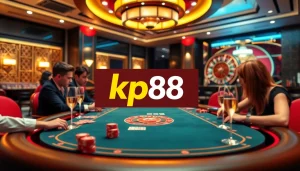 Players enjoying a thrilling game at kp88 casino, showcasing intense gameplay with colorful chips and cards.