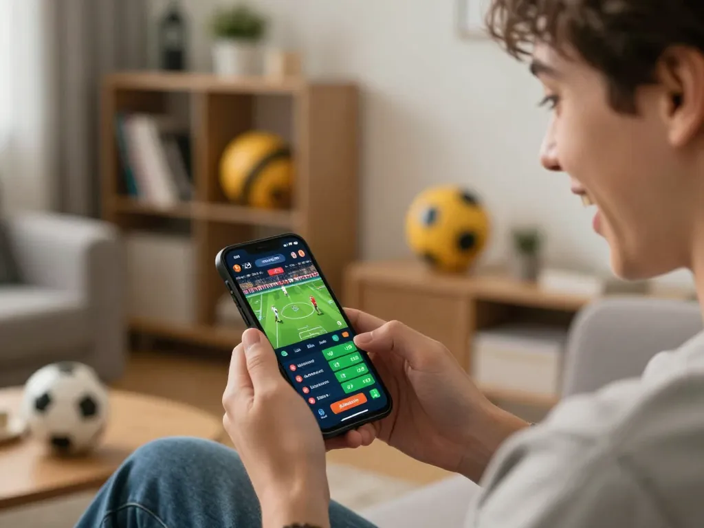 Engaged betting on Da88 app with smartphone showing live sports odds and graphics.