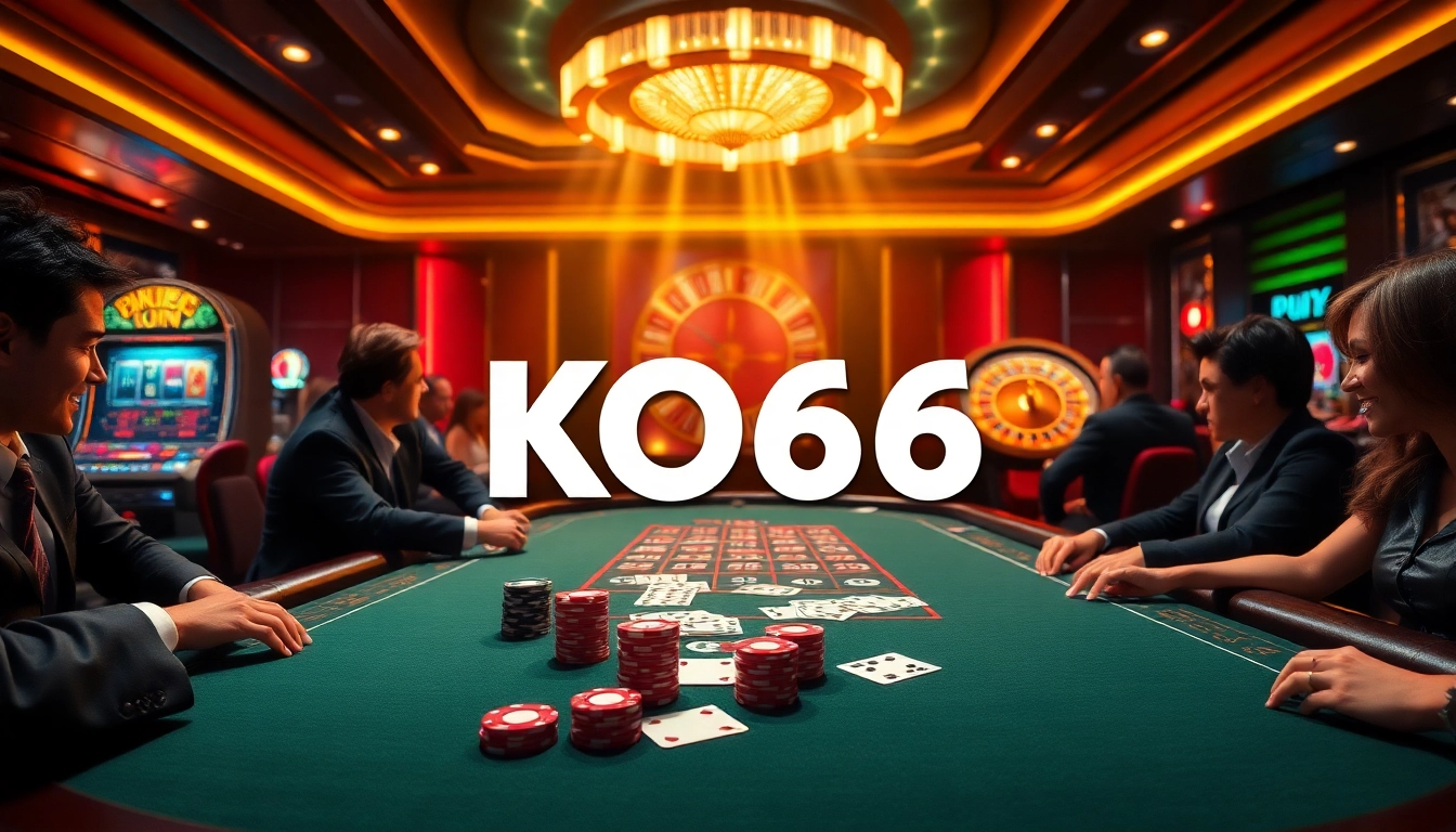 Các người chơi thưởng thức một trò chơi hấp dẫn tại casino KO66 với những chip poker và lá bài sặc sỡ.