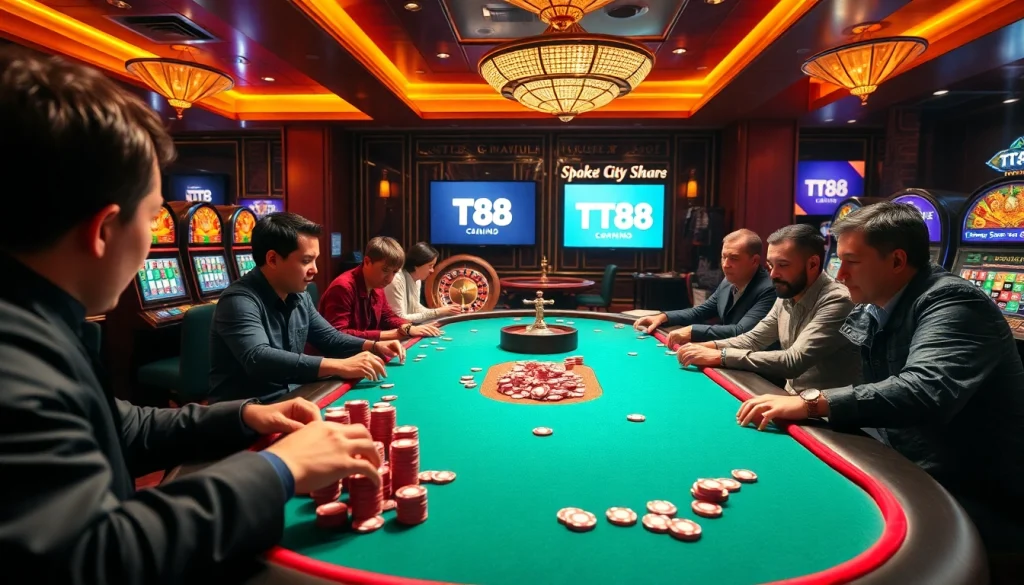 Engaged players at a TT88 poker table with vibrant chips and slot machines in a luxurious casino.