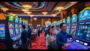 Nổ hũ 69VN players engaging with vibrant slot machines in a lively casino setting.