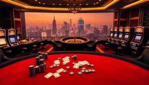 Nohu-inspired casino atmosphere featuring poker tables with vibrant chips and a spinning roulette wheel.