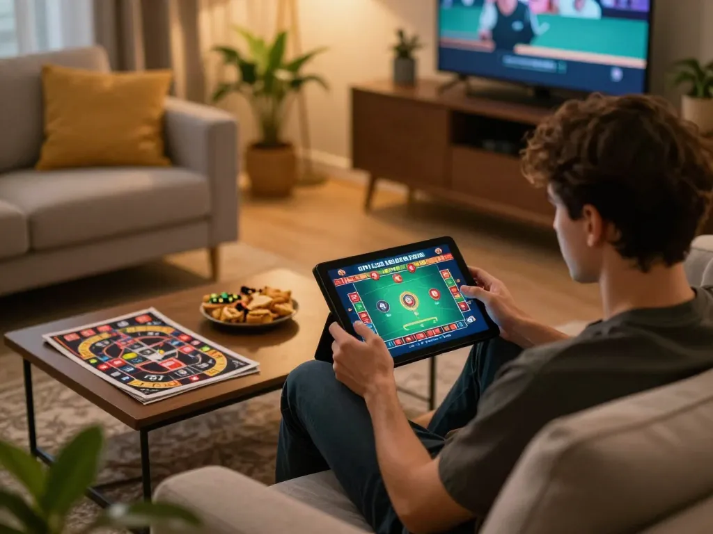 Engaging in online gaming at https://99win.actor/, showing strategic betting with tablet and snacks.