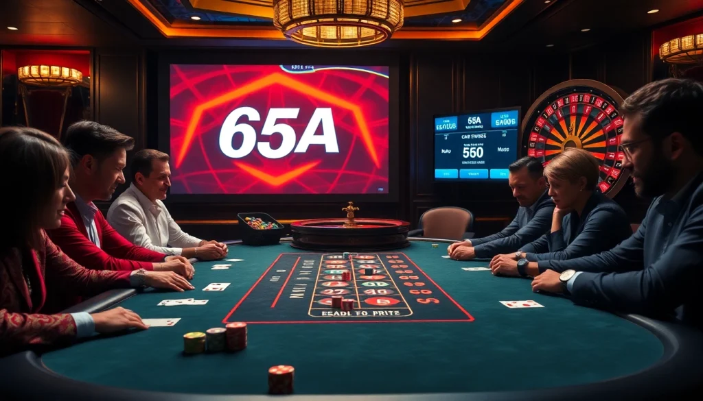 High-stakes poker players engaging with 65A, featuring colorful chips and a dynamic roulette wheel.