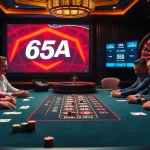 High-stakes poker players engaging with 65A, featuring colorful chips and a dynamic roulette wheel.
