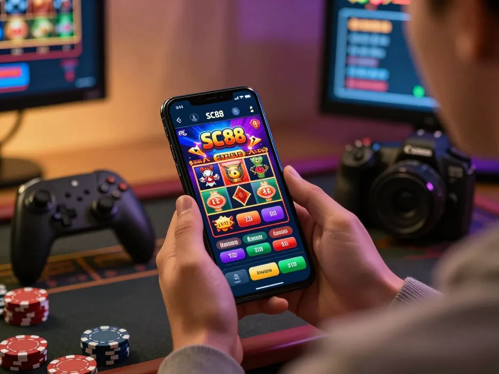 Engaging SC88 online betting app experience with vibrant gaming graphics and a focused user in a cozy environment.