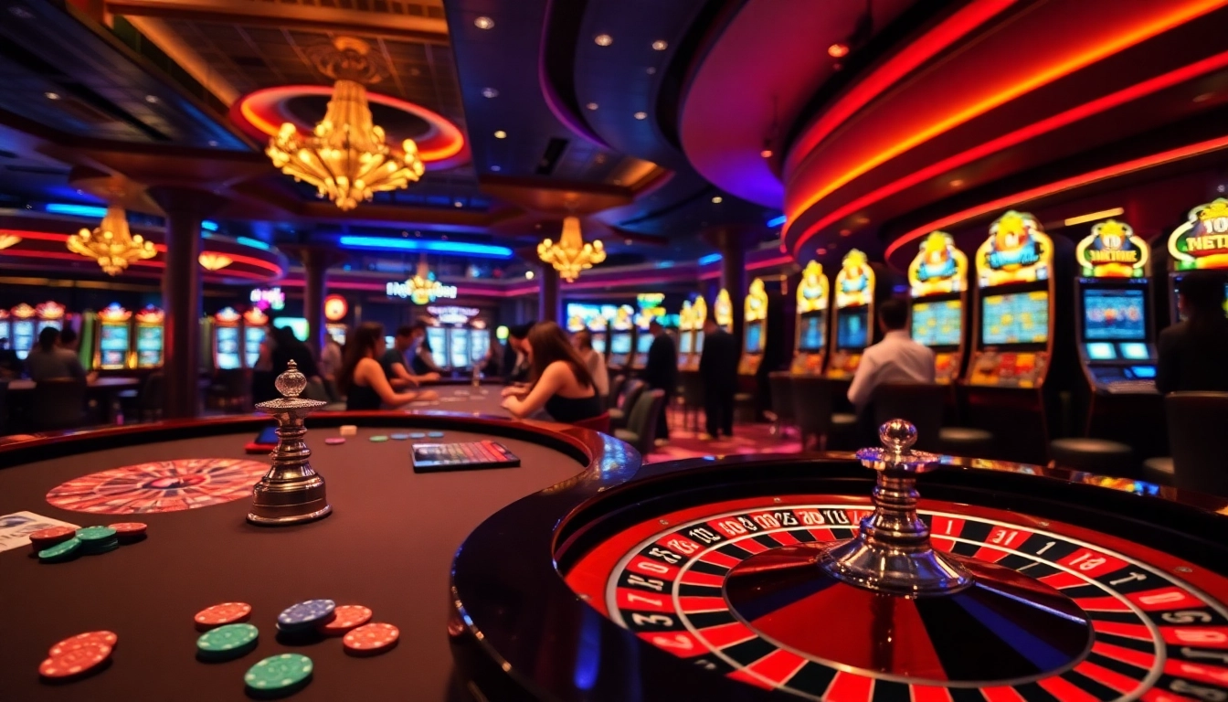 Exciting tg88 casino scene with roulette table, players, and vibrant slot machines illuminated.