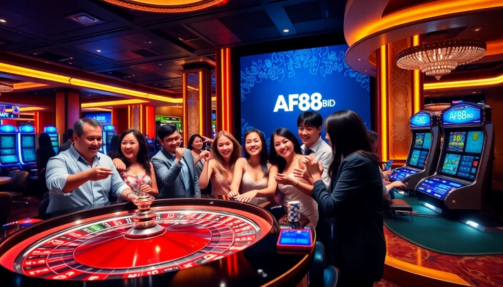 An exhilarating gaming experience at https://af88.bid/ featuring players around a roulette table with vibrant decor.