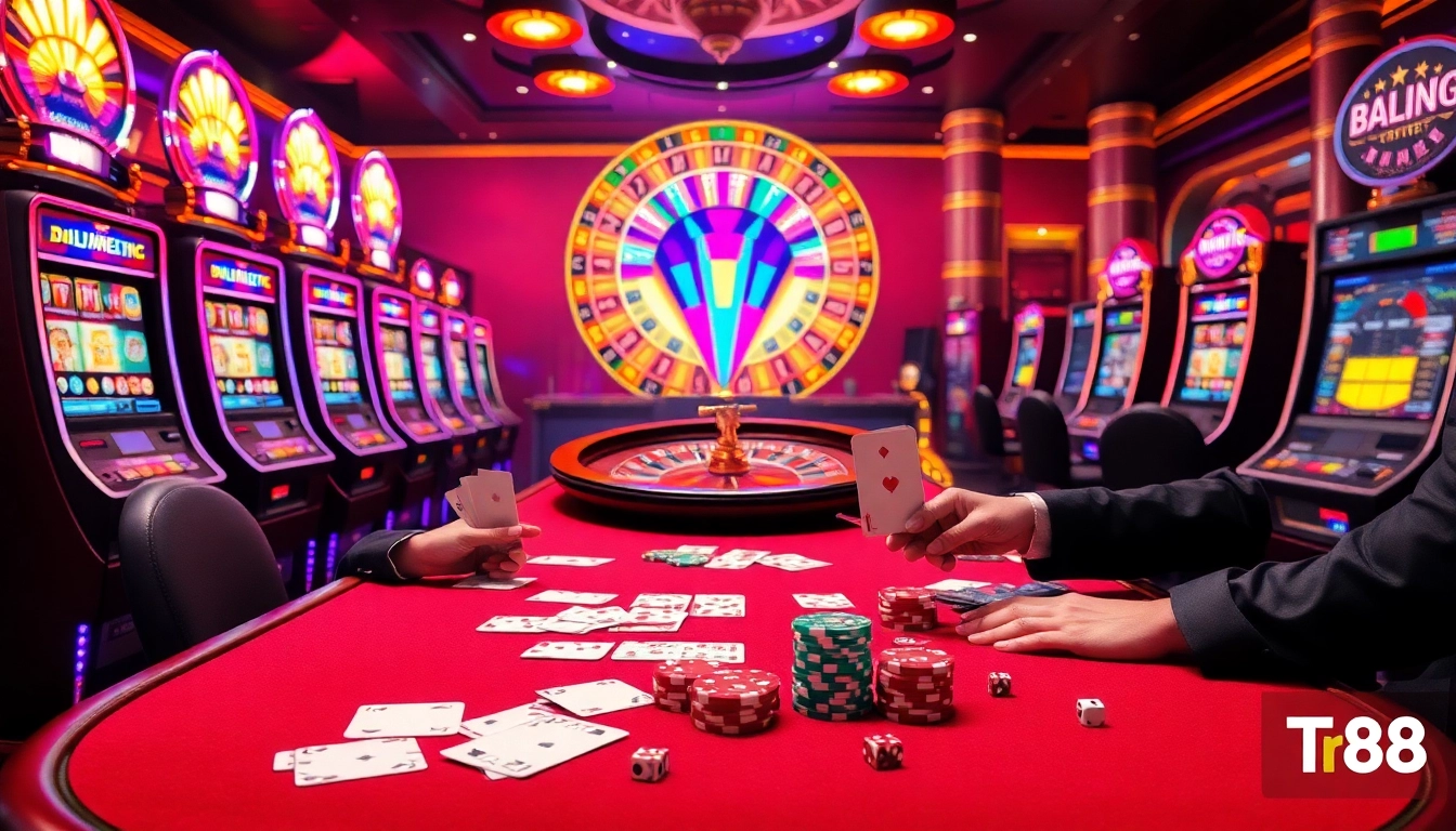 Experience high-stakes gameplay at TR88 with vibrant cards, poker chips, and an enticing roulette wheel.