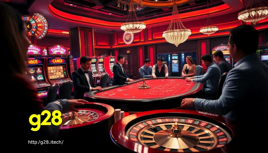 Players enjoying gaming excitement at https://g28.tech/ with vibrant slots, poker tables, and roulette wheels.