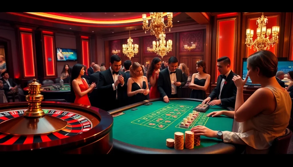 Engage with thrilling games at https://kkwin.life/ in a vibrant casino scene featuring roulette and poker.