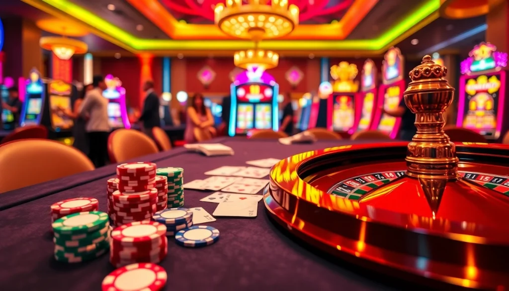 G28 gaming table with vibrant poker chips and excited players at a casino.