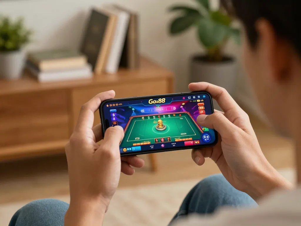 Player accessing Go88 app for exciting online gaming experience in a cozy home setting.