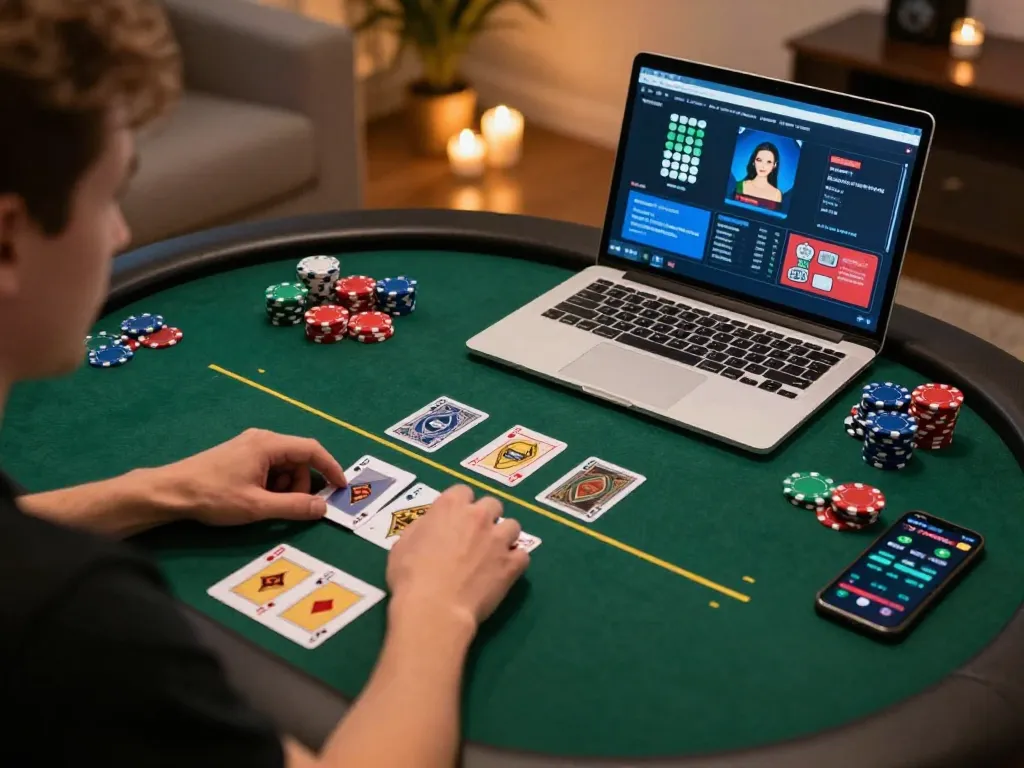 king88 poker player focused on laptop in cozy setting, vibrant chips and strategic gameplay