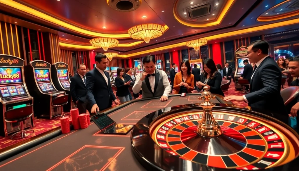 Experience luxurious gaming thrills at Lucky88 with vibrant tables, chips, and slot machines.