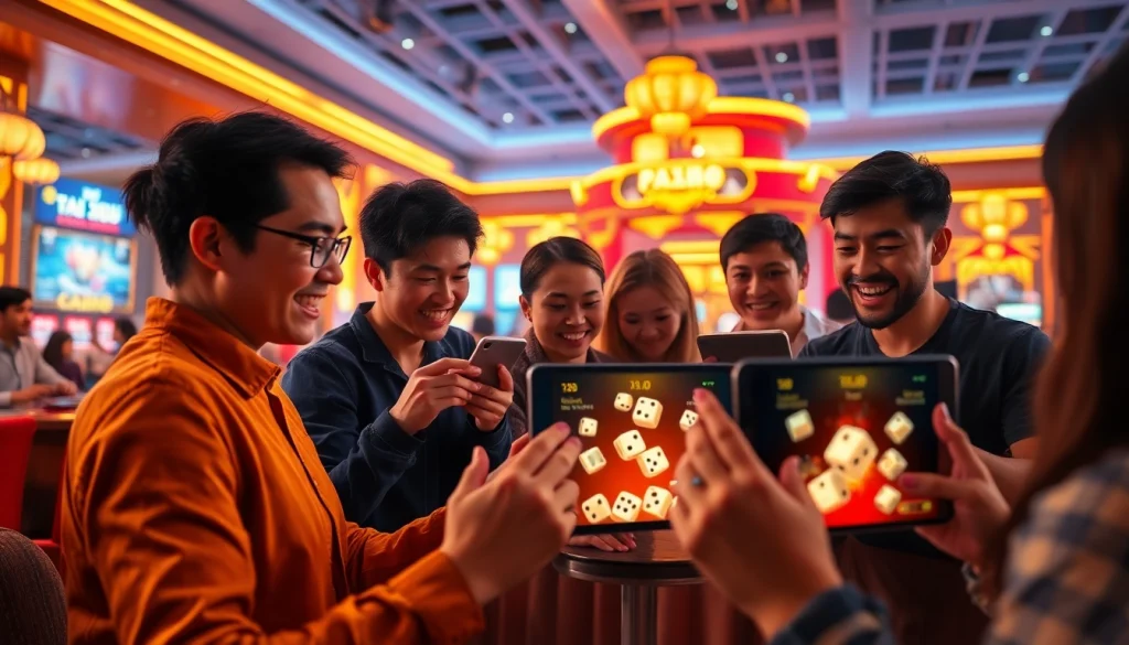 Exciting online tài xỉu game experience with enthusiastic players engaging on digital devices.