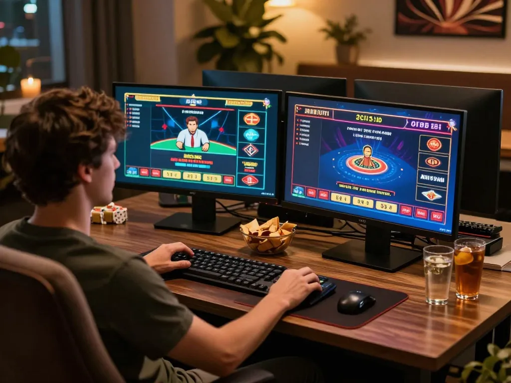 3Win online gaming setup with a player engaged in live dealer games, showcasing strategic betting actions and ambient surroundings