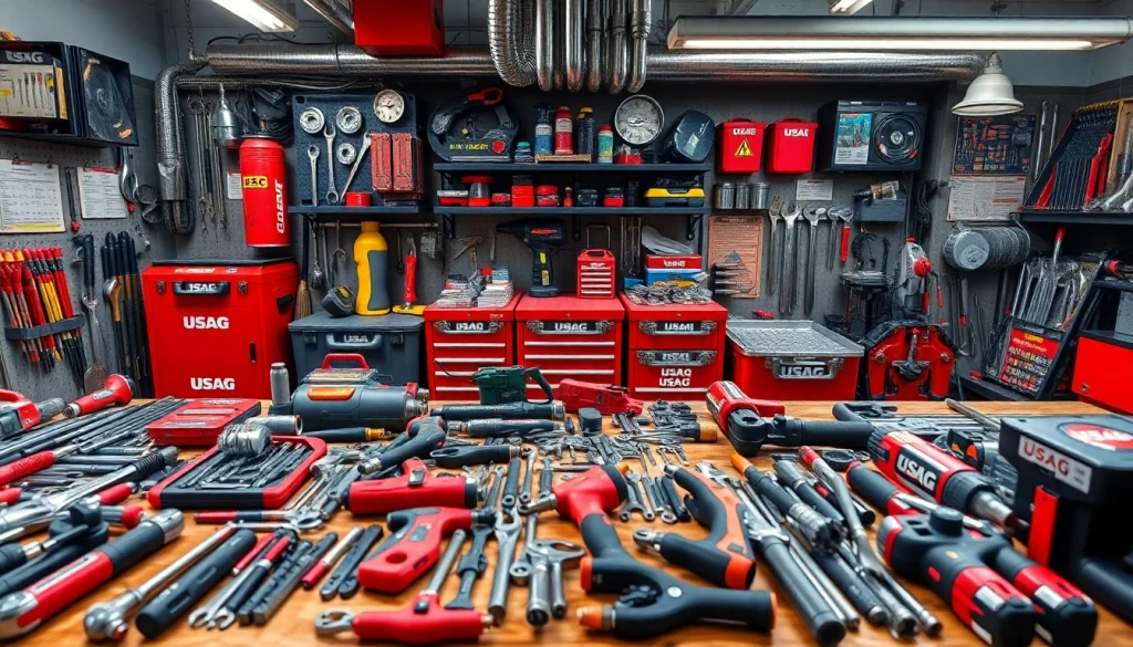 Showcase of USAG tools including hand tools and toolboxes in a professional workshop setting.