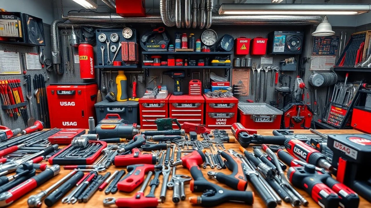 Showcase of USAG tools including hand tools and toolboxes in a professional workshop setting.