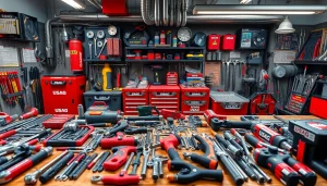 Showcase of USAG tools including hand tools and toolboxes in a professional workshop setting.