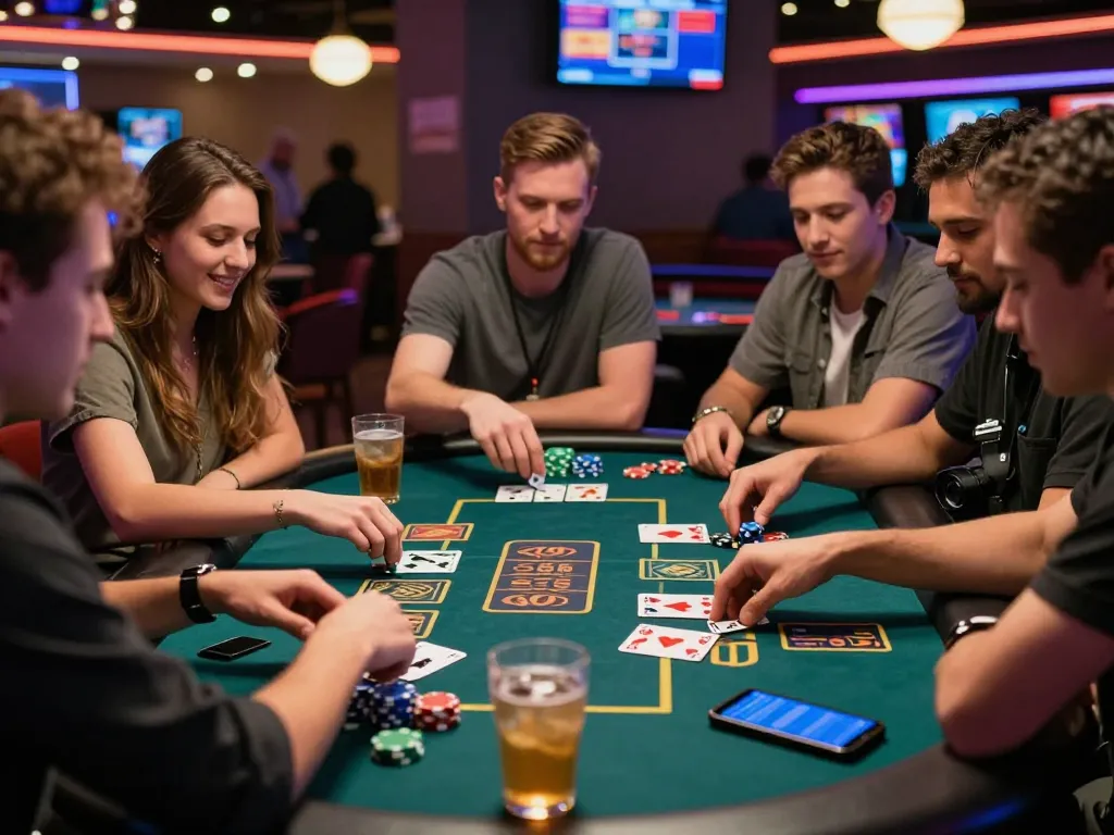 Friends enjoying a vibrant game of rikvip at a lively gaming table with chips and drinks.