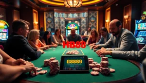 Players engaged in a high-stakes poker game at HB88 casino with vibrant chips and online interface.