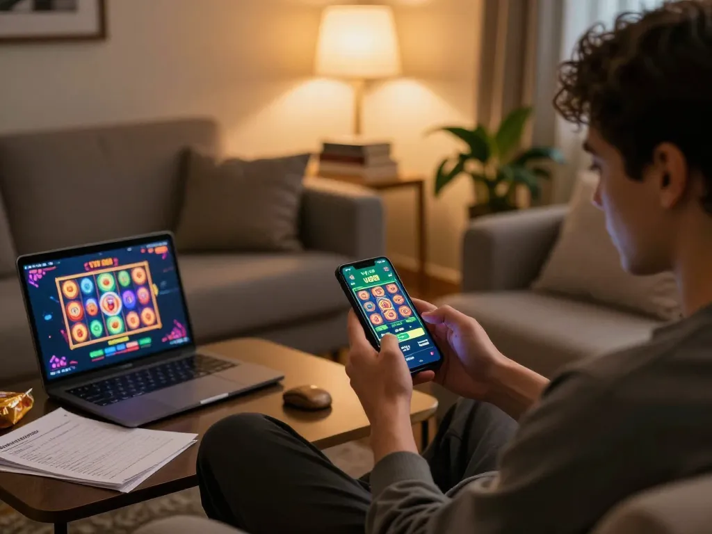 Engaging in vk88 online gaming with colorful app interface on smartphone in cozy living room