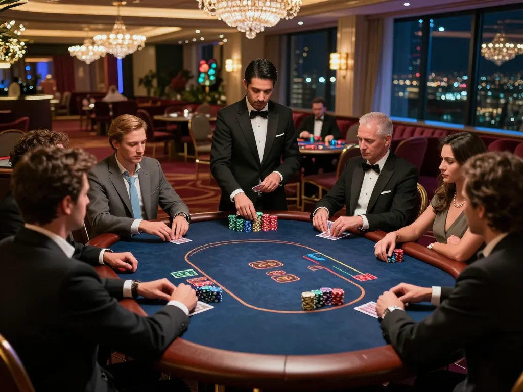 Players strategizing over a high-stakes poker game in a luxurious casino, showcasing TR88 excitement and tension.