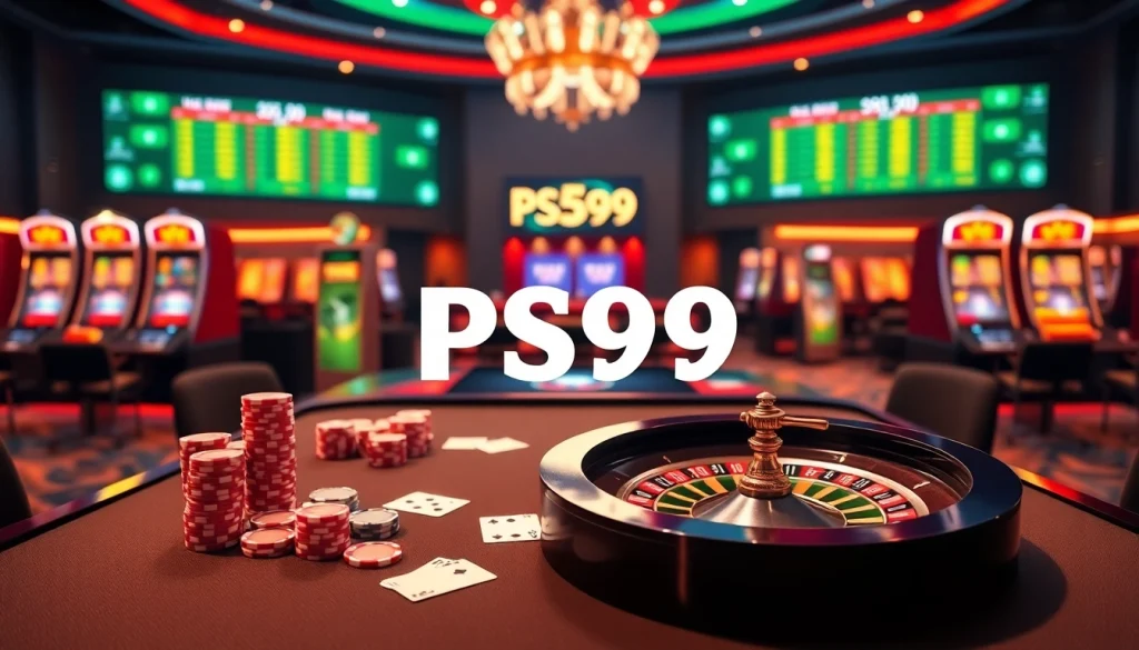Experience the thrilling atmosphere of PS99 casino gaming with poker chips and roulette wheels.