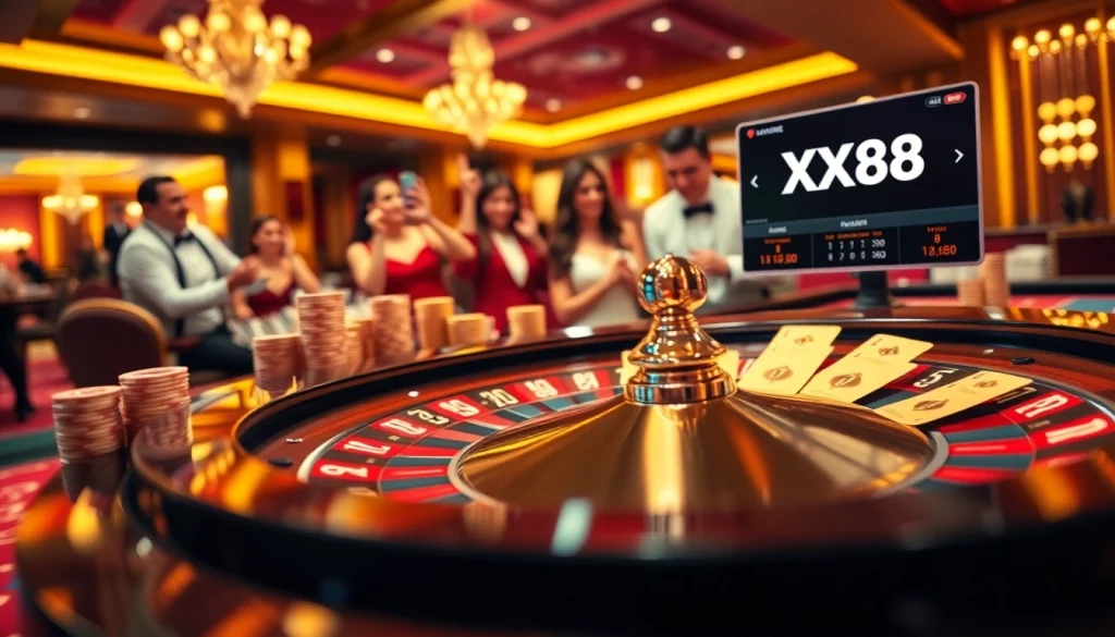 Experience high-stakes action at XX88 with vibrant casino elements like roulette, cards, and chips.
