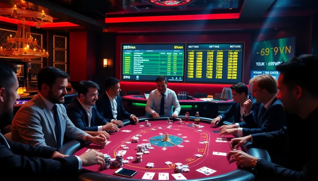 Players engaging in high-stakes poker at 69vn, surrounded by vibrant casino atmosphere.